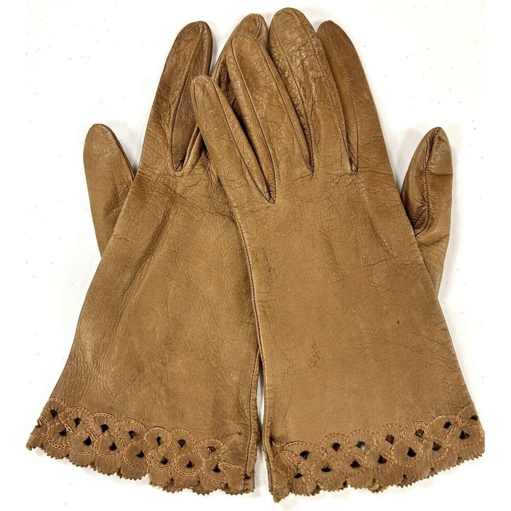 80s Vintage Leather Gloves Brown Italy Scalloped Edge Ladies UNWORN Size Small